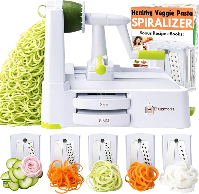 Brieftons 5-Blade Vegetable Spiralizer: Strongest-Heaviest Spiral Slicer, Best Veggie Pasta Spaghetti Maker for Low Carb/Paleo/Gluten-Free/Vegan Meals, With Extra Blade Caddy, 4 Recipe Ebooks