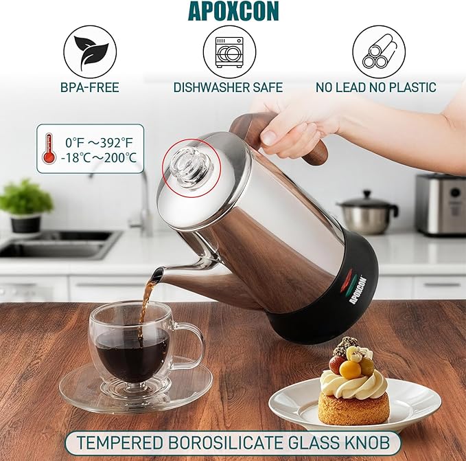 APOXCON Electric Coffee Percolator Stainless Steel Coffee Maker with Two Heat Resistant Glass Knob & Treated Solid Wood Handle Keep Warm Cordless Serve Elegant Design Coffee Pot On/OFF Switch 8 Cup