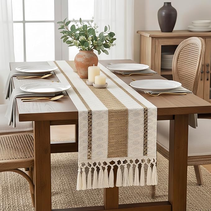 FEXIA Boho Table Runner for Hoilday Spring Home Decor with Tassels 72 Inches Long Pottery barn Furniture Farmhouse Rustic Macrame Burlap Table Decoration for Living Room (12x72 Inches)