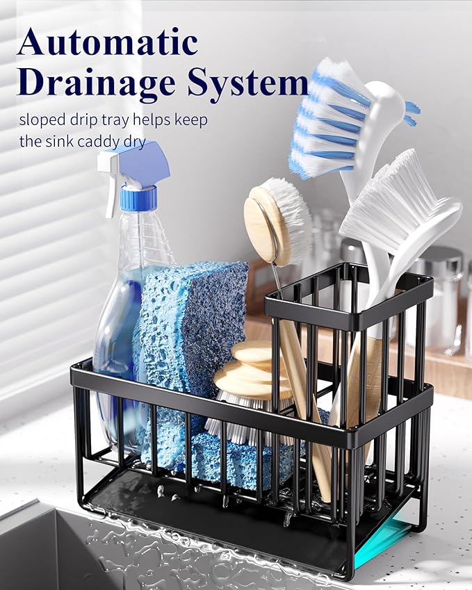 Kitsure Sponge Holder for Kitchen Sink - Rustproof Stainless Steel Sink Caddy Organization and Storage Essentials with High Brush Holder, Home Decor Accessories, 7.9" x 3.7" x 6.2", Black