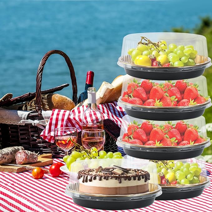 FEOOWV 5Pack 10inch Round Clear +Gold Cake Carriers for Transport Plastic Cake Containers Carriers with Dome Lids and Cake Boards Clear Bundt Cake Boxes