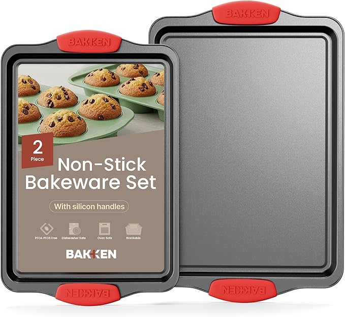 2 Piece Set Nonstick Carbon Steel Oven Bakeware -Professional Quality Kitchen Cooking Baking Trays -PFOA, PFOS, PTFE-Free Medium & Large Baking Sheet Pans with Red Silicone Handles