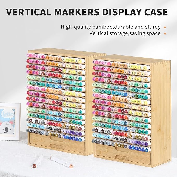 AUTOARK Bamboo Marker Organizer for 225 Markers,Desktop Storage Hold with drawers,Art Markers Pens Pencils Art Brushes Stationary Organizer Marker Pen Holder,AHK-063