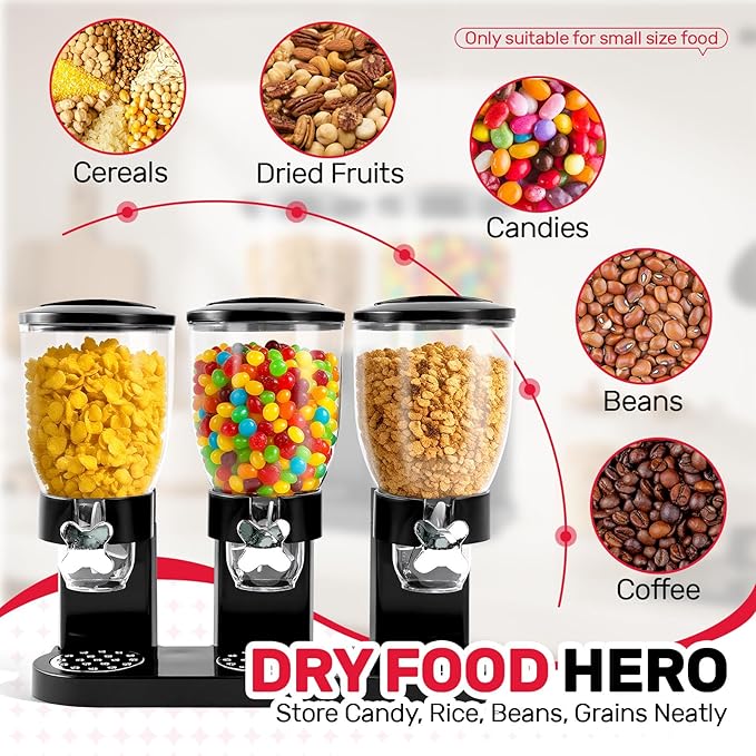 Triple Cereal Dispenser Countertop - 3 Pack 2L Large Cereal Containers Storage Airtight, Rotating Black Plastic Dry Food Dispenser for Cereal, Rice, Grains, Candy, Coffee Beans