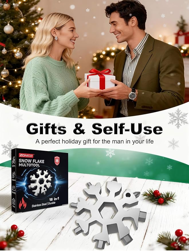 18-in-1 Snowflake Multi Tool – Stainless Steel with Bottle Opener & Wrench,Compact EDC Tool for Camping,Fishing,Hiking, Stocking Stuffers,Gifts for Men,Dad,Husband (Silver)