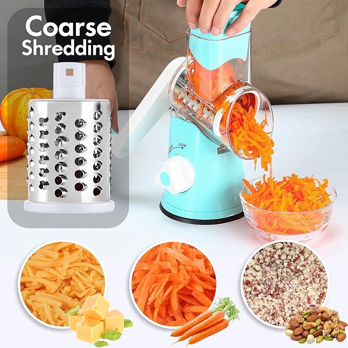 Cheese Grater Hand Crank, Rotary Vegetable Shredder with Handle and Strong Suction base, 3 in 1 Kitchen Speed Spin Veggie Slicer Nut Grinder for Pizza Top, Hash brown, Salad and More (Blue)