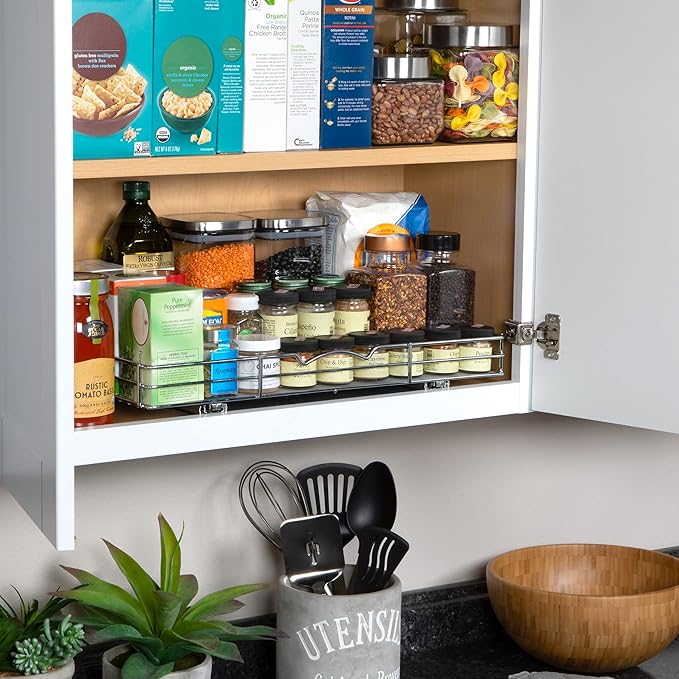 Pull-Out Cabinet Spice Rack Organizer - Slim Slide-Out Storage for Spices, Bottles & Jars, Premium Heavy-Duty Steel, Easy Install for Narrow Kitchen Cabinets - 20 ⅜ W x 10 ½ D x 2 ¾ H, Chrome