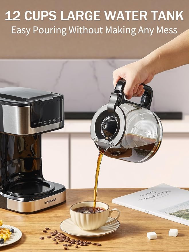 Ihomekee Coffee Maker, Programmable Drip Coffee Maker 12 Cup, Regular & Strong Brew Drip Coffee Machine with Iced Coffee Function for Home and Office, Black & Stainless Steel (Black,Silver)