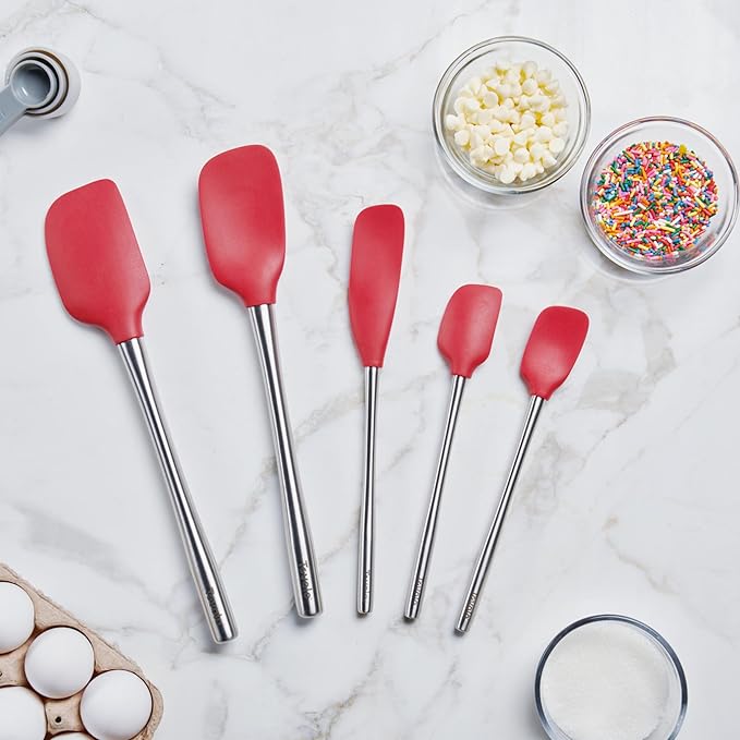 Tovolo Stainless Steel Handled Silicone Spatula Set of 5 Cayenne Red, Dishwasher Safe Kitchen Spatula Set for Cooking Baking, Non Toxic BPA Free Silicone Spatula set with Metal Steel Handle