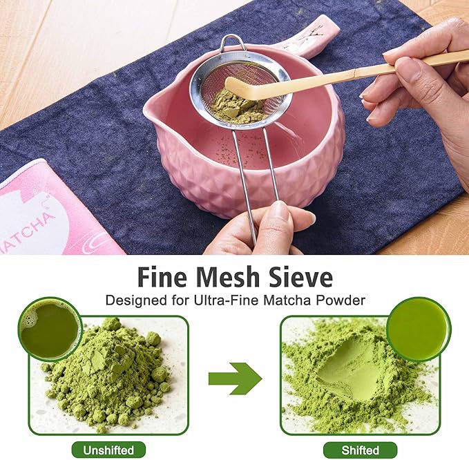 Matcha Whisk Bowl Set, 7PCS All-in-One Japanese Tea Set Includes Matcha Bowl with Spout, Bamboo Whisk (Chasen) with Stand, Scoop, Sifter, Complete Kit for Ceremony, Gift for Matcha Tea Lovers（Pink)