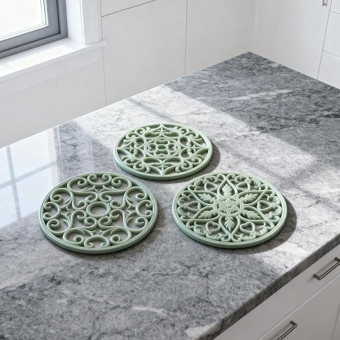 ME.FAN Trivets for Dishes/Pots/Pans, 3 Pcs Silicone Mats, Flexible/Durable/Non Slip Hot Pads to Protect Table and Counter Top (Desert Sage)