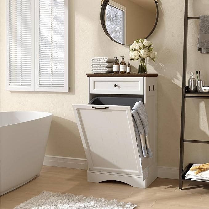 NEWOWNDS Tilt Out Trash Can Cabinet 13 Gallon Hidden Trash Garbage Can Cabinet with Drawer,Waterproof Cutting Board,Pet Proof Hidden Garbage,Laundry Bathroom, White