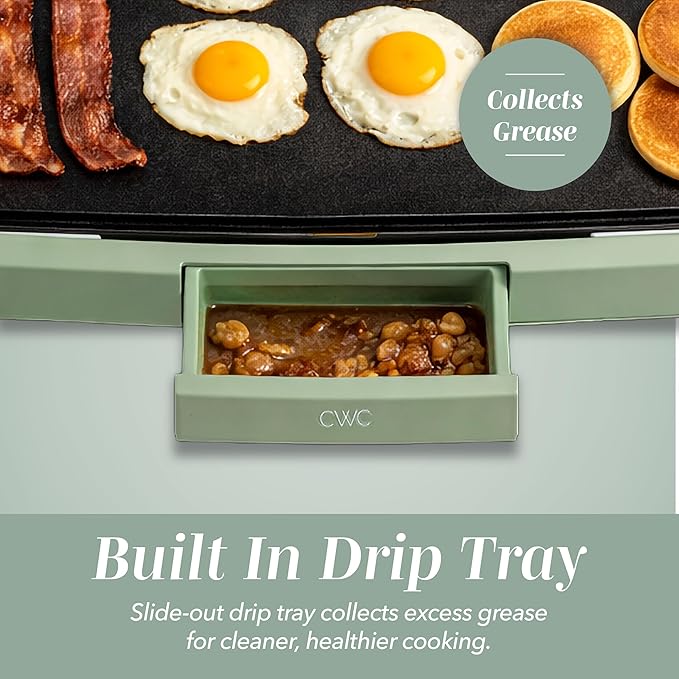 COOK WITH COLOR Electric Griddle 1200W, Nonstick Surface for Pancakes, Burgers, Eggs & More, Removable Temperature Control, Slide-Out Drip Tray, 10" x 16" Cooking Area, Dark Sage