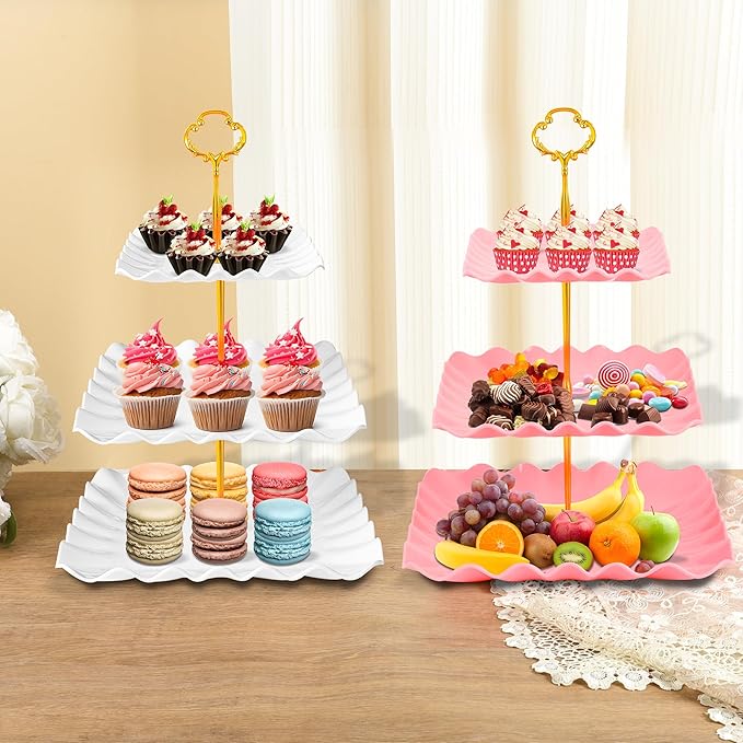 10 Pack Dessert Table Display Set - 4 x Three-Tier Square Cupcake Stands and 6 x Serving Trays, Elegant Tableware for Cakes, Cupcakes, Pastries, and Snacks, Perfect for Parties (Pink)