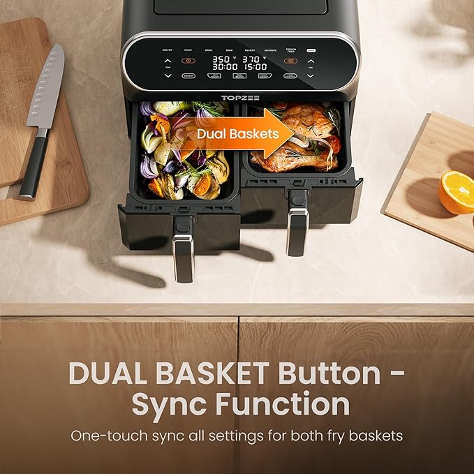 TOPZEE 8 Quart Large Air Fryer - Dual Basket Airfryer with Easy View Windows, Preheat, Air Fry, Roast, Broil, Bake, Dehydrate, 2 Independent 4 QT Nonstick Dishwasher Safe Baskets, Black