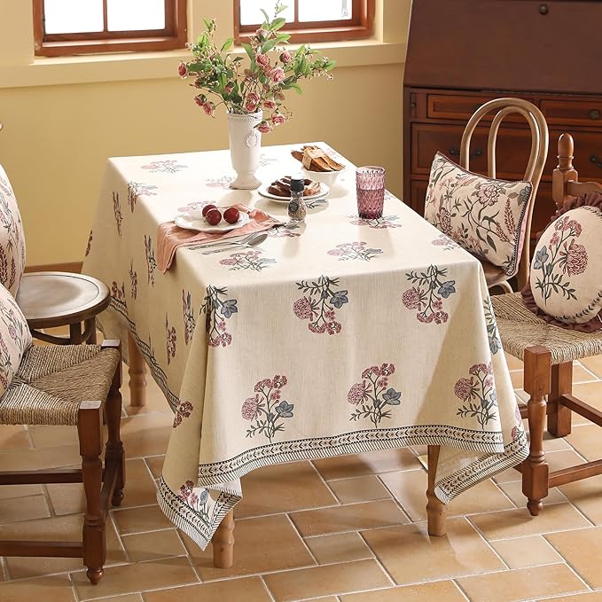 ISAENNE Designer Linen Light Beige Small Square Tablecloth,French Colorful Floral Table Cloth,Stain Resistant Decor Tablecloths for Dining Thanksgiving Christmas Kitchen,55"*55"-Helena E