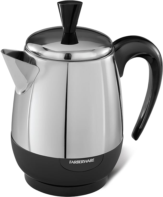 Farberware Electric Coffee Percolator, FCP240, Stainless Steel Basket, Automatic Keep Warm, No-Drip Spout, 4 Cup, Black/Silver