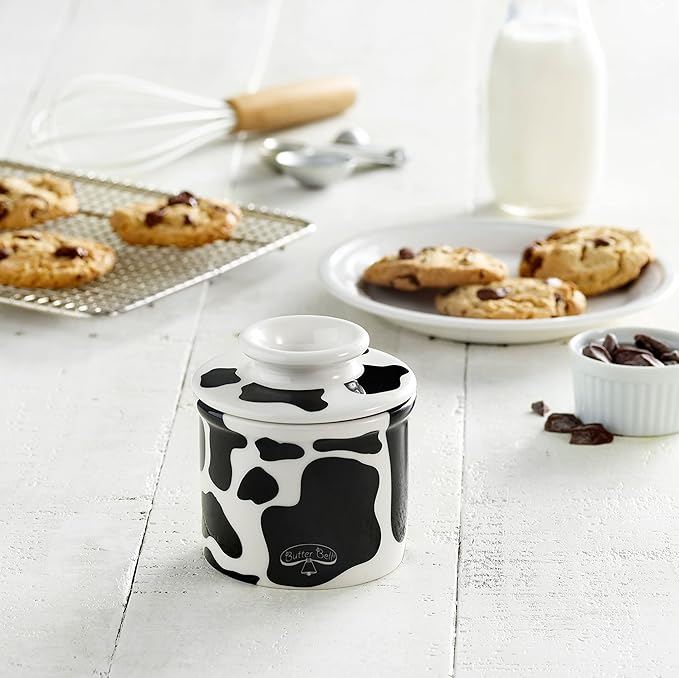 Butter Bell - The Original Butter Bell crock by L Tremain, a Countertop French Ceramic Butter Dish Keeper for Spreadable Butter, Cow Pattern, Black & White