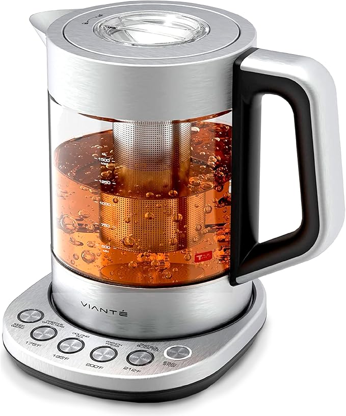 Vianté Electric Tea Kettle With Infuser for Loose Leaf, No Plastic In Contact With Water, Hot Tea Maker with Temperature Control, Automatic Shut Off, 1.5L Borosilicate Glass