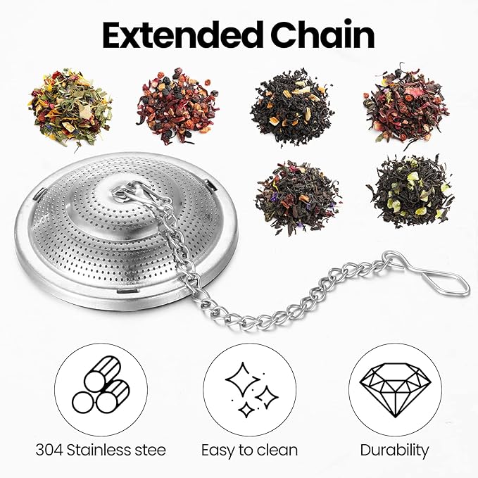 Zopeal 9 Pcs Tea Infuser Stainless Steel Strainer with Extended Chain Hook and Saucer Loose Leaf Steeper Fine Mesh Ball Tea Filter for Brew Spices Seasonings Fits Cup Mug Bottle (Large)