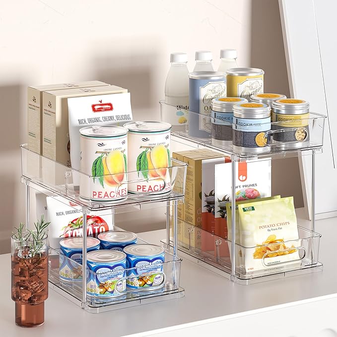 Delamu 2 Tier Snap-Lock Bathroom Under Sink Organizers and Storage, Multi-Purpose Cabinet Drawers with Movable Dividers, Pull Out Organization for Countertop, Kitchen and Pantry(Clear, 2 Pack)