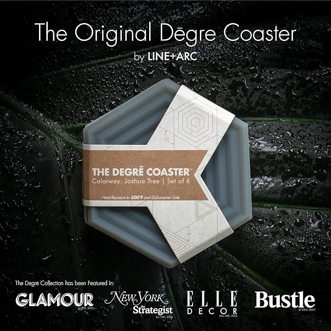 LINE+ARC Extra Thick Silicone Coasters (As Seen in NYTimes WireCutter) Waterproof Anti-Stain Heat-Safe Dishwasher-Safe Degrē Coasters (Set of 6, Sandstone) Outdoor Rubber Mid-Century Modern
