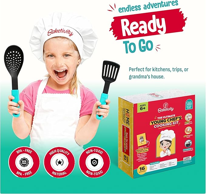 Baketivity Kids Cooking Set Real Utensils With Kitchen Tool Guide - Complete Junior Cooking Set Gift For Girls Or Boys With Mixing Bowls, Cutting Board, Knife, Apron - Kids Baking Set For Real Cooking