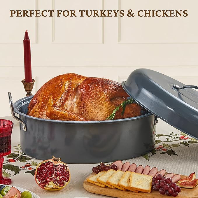 BRONYPRO Roasting Pan with Rack, 18-Inch Granite Roaster with Lid, 20 lb Capacity for Turkey, Chicken, and Vegetables, Light Gray