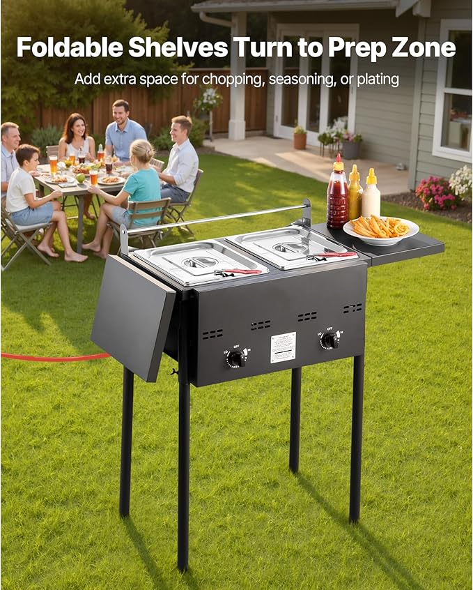 VEVOR Outdoor Propane Deep Fryer, Double Burners Commercial Fryer, 16 Qt Stainless Steel Cooker with Removable Baskets & Lids & Tanks, Oil Fryer Cart with Thermometer & Regulator, For Outdoor Cooking