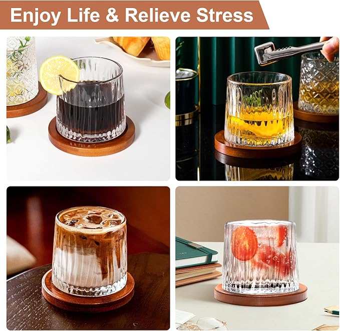 Rotatable Old Fashioned Glass, 275ml/10oz Crystal Whiskey Glass Set of 4, Wood Coaster, Thickening, Used as Rum Glass, Cocktail Cup, Coffee Cup, Milk Cup to Relax and Reduce Stress, Christmas gifts