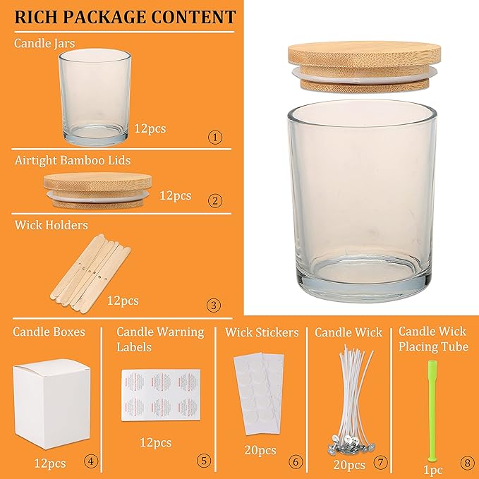 MILIVIXAY 12 Pack 7 OZ Clear Glass Candle Jars with Lids and Candle Making Kits - Bulk Empty Candle Jars for Making Candles - Spice, Powder Containers.