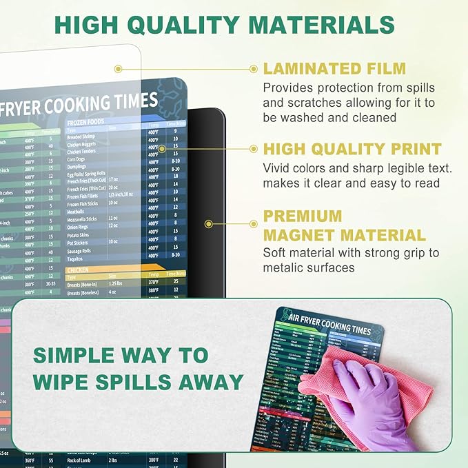 Air Fryer Magnetic Cheat Sheet Set, Cook Times Chart Air Fryer Accessories Magnet Sheet Quick Reference Guide for Cooking and Frying, Easy to Use, Excellent Kitchen Assistant