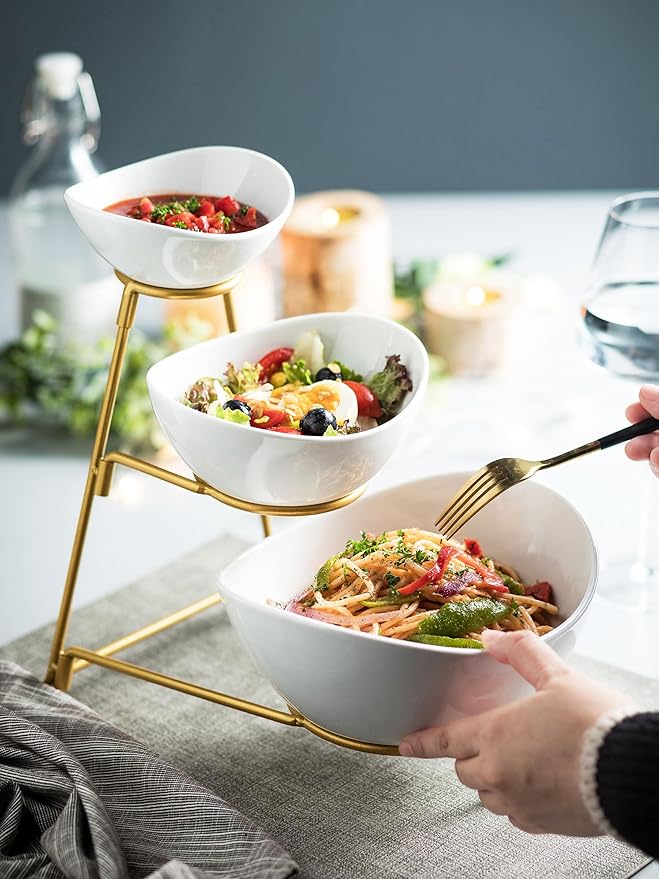 Miamolo 3 Tier Serving Bowls with Stand, Chips and Dip Serving Dishes Set for Entertaining Party, Ceramic Fruit Bowl for Salad Soup Snacks, Microwave & Dishwasher Safe