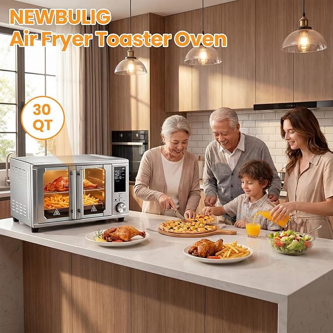NEWBULIG 30QT Smart Air Fryer Toaster Oven Combo, 13-in-1 Double-Door Airfryer Oven, 0-450°F Temperature Control, 0-250°F Probe Control, Rotisserie & Mesh Basket, Professional Home Cooking