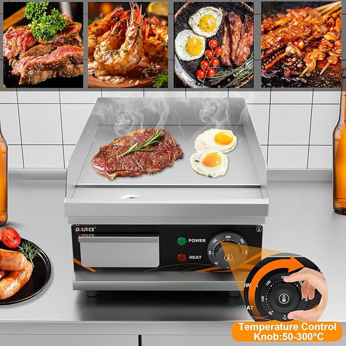 Commercial Electric Griddle 12 Inch, Electric Flat Top Grill with Temperature Adjustable, Brushes, Shovels, Stainless Steel Non-Stick Teppanyaki Grill for Home & Restaurants, 1500W