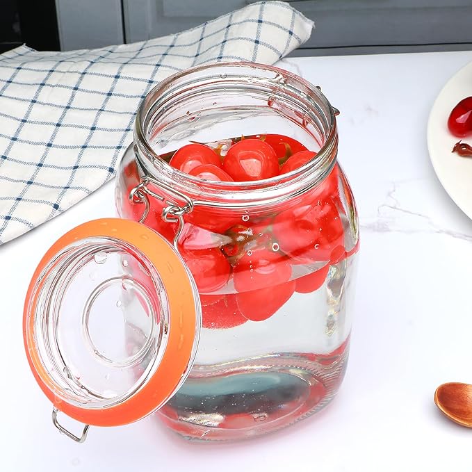 50oz Glass Jars with Clamp Lids,Set of 4,1500ml Square Wide Mouth Mason Jars with Airtight Lids,Large Glass Storage Container with Clip Lid for Kitchen,Flour,Pasta,Beans