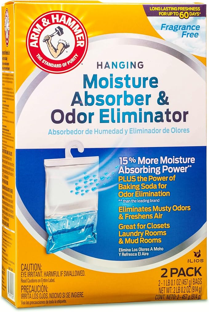 Arm & Hammer Moisture Absorber & Odor Eliminator – Fragrance Free Hanging Moisture Absorber Bag for Fresher Air, Humidity Absorber Bags for Closets & Laundry Room, 2 Pack – Packed by ILIOS