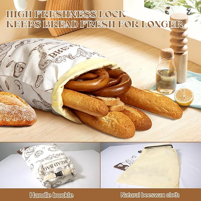 2 Pack Bread Bag for Homemade Bread,17“x12 Reusable Beewax Food Storage Bags with Beeswax Lining,Natural Cotton Storage Bag Sourdough Bread Bags,XL Beeswax Bread Bag for Fresh Bread Storage