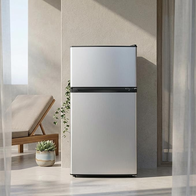 3.2 Cu.Ft Mini Fridge with Freezer, 2 Door Small Refrigerator with Adjustable Thermostat Energy-efficient Low Noise, Compact Fridge for Bedroom, Office, Dorm, Silver