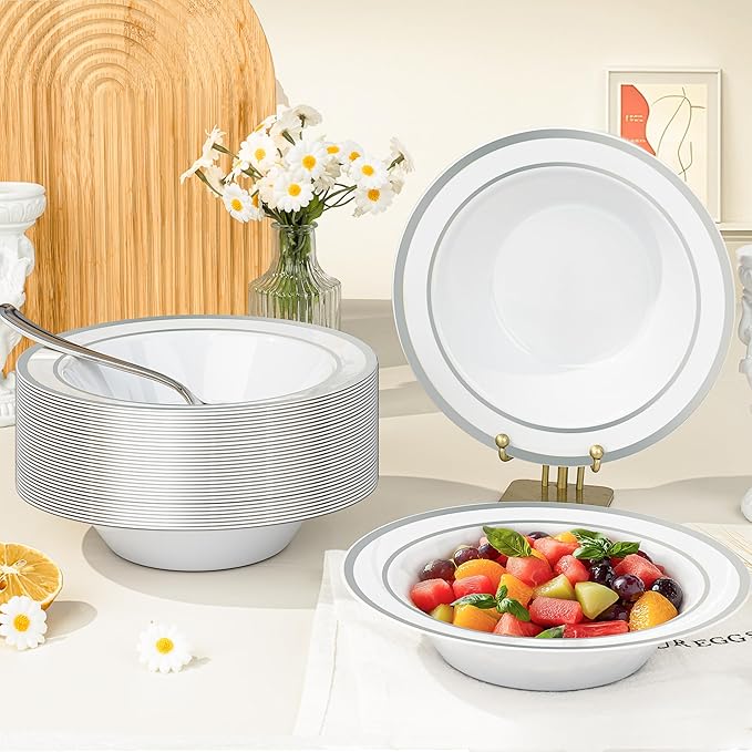 BESTVIP 100 Pack Plastic Disposable Soup Bowls, 12 oz White Dessert Bowls with Silver Rim, Heavy-duty Salad Bowl for Party, Wedding, Christmas, Thanksgiving, Dinner, Catering