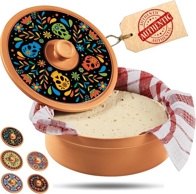 Sugar Skull Tortilla Warmer Day of the Dead - Authentic Terracotta Tortilla Holder with Warmer Cloth, Mexican Día de Muertos Calavera Tortillero, Clay Bread Warmer for Roti Pancake Naan
