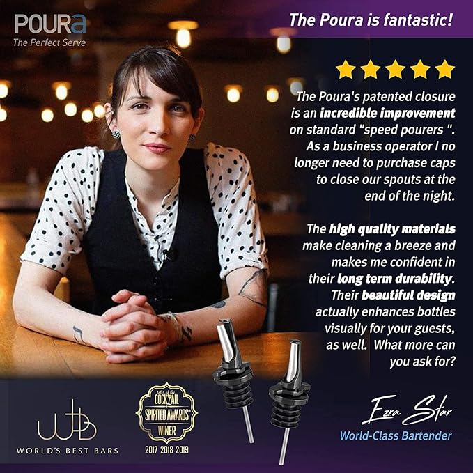 Poura 8 Liquor Pour Spouts (Black) with Built-in Caps for Optimal Fly & Dust Protection - Dishwasher Safe, Hygienic Spouts