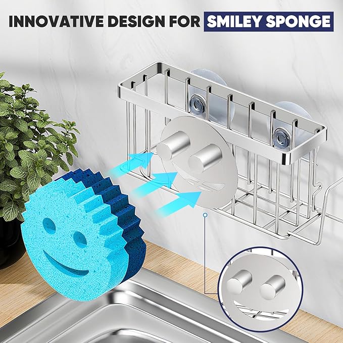Sponge Holder for Kitchen Sink,Sink Caddy Smiley Face,4-in-1 Sponge Holder with Suction Cups & 1 PCS Adhesive Strips for Holding Soap,Brush,Scrubber,Sponge,Stopper-Silver