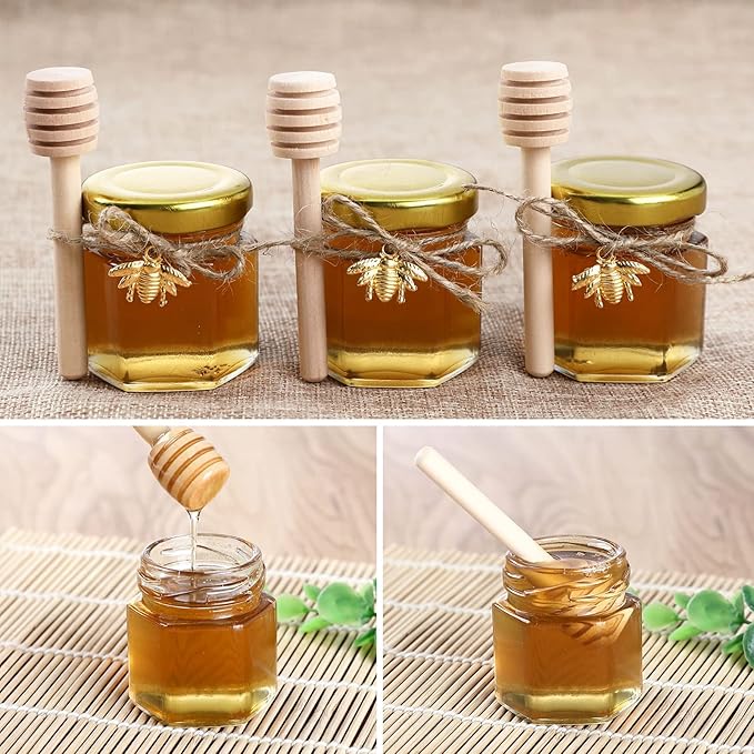 XING-RUIYANG 1.5 oz Hexagon Mini Glass Honey Jars -30Pack Honey Jars with Wood Dipper, Gold Lid, Bee Pendants, Jutes - Perfect for Baby Shower, Wedding Favors, Party Favors