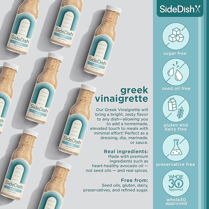 SideDish Zesty Greek Vinaigrette (Pack of 3) - Seed Oil, Dairy & Gluten Free Salad Dressing w/Avocado Oil - Refined Sugar Free, Healthy Greek Salad Dressing - Balsamic Paleo Marinade for Dips, Spread