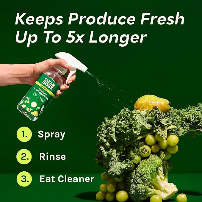 CleanBoss Eat Cleaner Triple-Action Fruit & Veggie Wash (12 oz, Pack of 3) + 64 oz Refill Jug - Removes Harmful Residue - Keeps Produce Fresh Up to 5X Longer - Vegan, Gluten Free