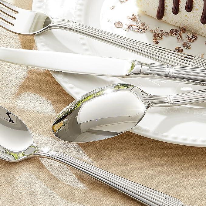KINGSTONE 10-Piece Silverware Set, 18/10 Stainless Steel Flatware Set - Luxury Elegant Striped Cutlery with Dishwasher Safe, Durable for Family Dining, Catering, Weddings, Anniversaries Gift