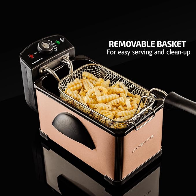 OVENTE Electric Deep Fryer 2L Capacity, Lid with Viewing Window, Adjustable Temperature, Removable Frying Basket & Cool Touch Handle, 1500W Power, Easy to Clean Stainless Steel Body, Copper FDM2201CO
