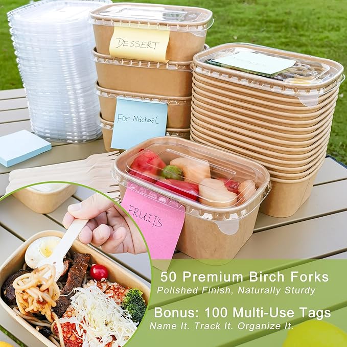 MINCOCO 50 Count Disposable Paper Bowls with Lids Meal Prep Containers 【Includes 50 Wooden Forks + 100 Labels】 Salad Food Containers Freezer & Microwave Safe Leakproof Soup Bowls (35 Ounce, 50-Count)