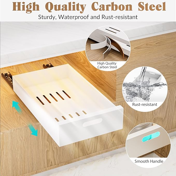 HBL' 1 Pack | 21" Deep Pull Out Cabinet Organizer Adhesive, 10-Inch Wide Sturdy Carbon Steel Roll-Out Drawers for Face Frame or Frameless Cabinets,Slide-Out Shelves for Pantry.